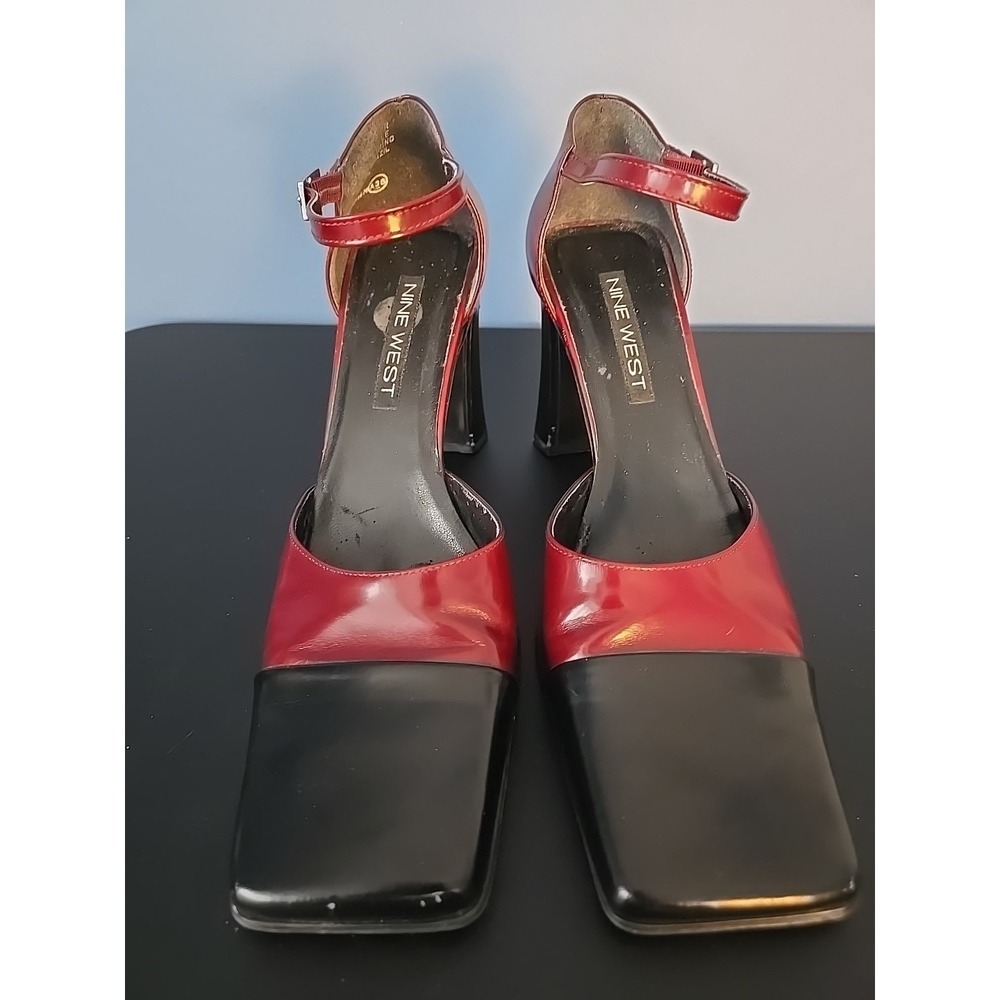 NINE WEST Red Black Ankle Strap Chunky Heels Square Toe Women Pumps Y2K 7.5 - Picture 2 of 11